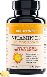 NatureWise Vitamin D3 1000iu (25 mcg) 200-dagen voorziening voor Immune Support, gezonde spierfunctie en botgezondheid - Non-GMO, Glutenvrij in biologische Extra Virgin Olijfolie, (Mini Softgel), 200 Tel.