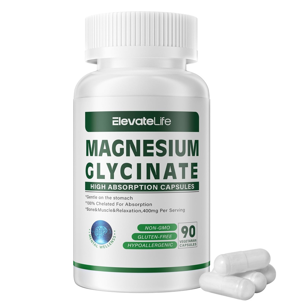 Magnesium Glycinate 400 MG per portie 100% gecheleerd voor hoge absorptie, zacht op maag, non-GMO, 90 vegetarische capsules