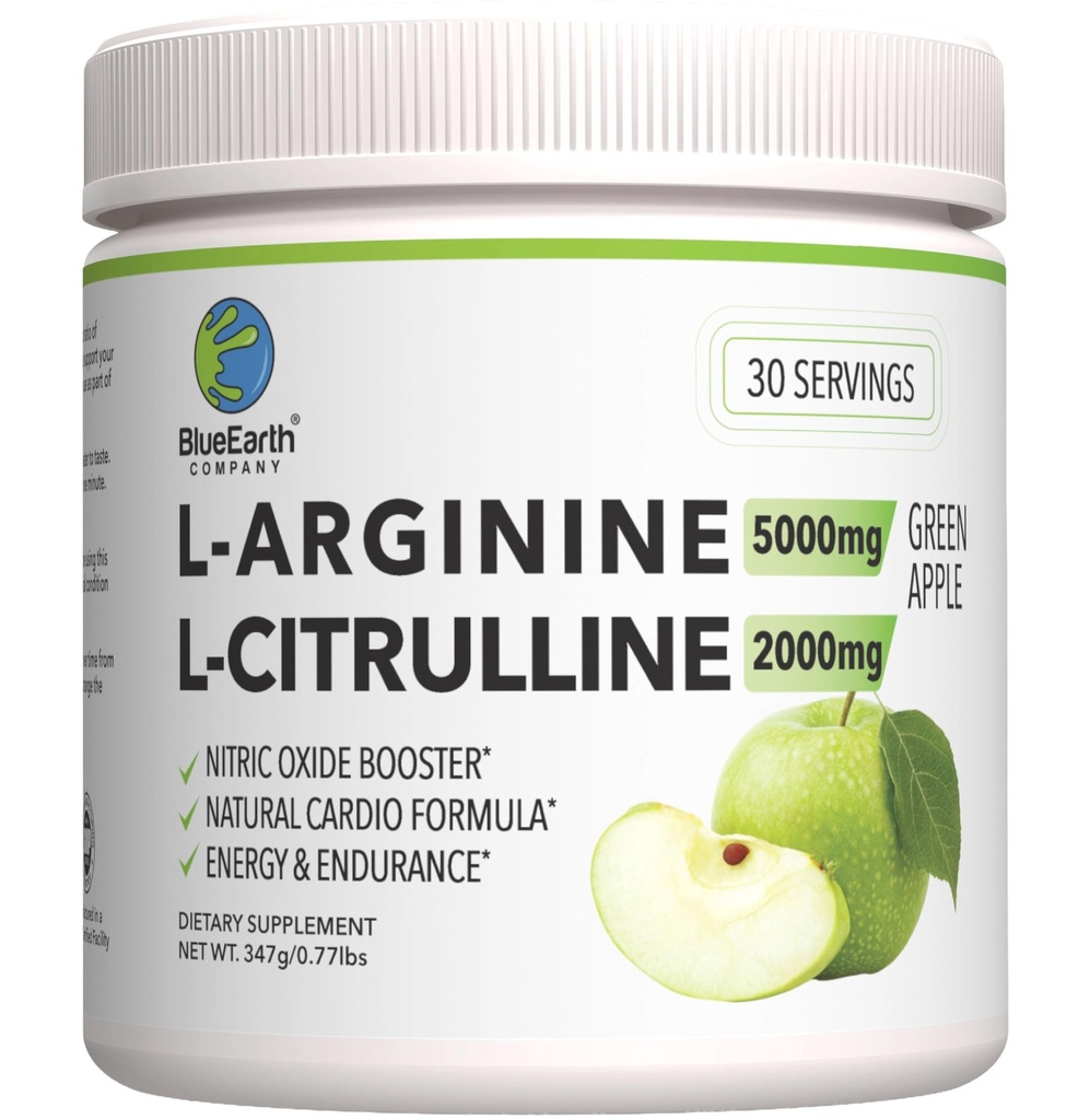 L-Arginine 5000mg + L-Citrulline 2000mg Complex Powder Supplement Drink Mix - Nitric Oxide Booster for Heart Health, Blood Flow & Energy - 30 Servings (Green Apple)