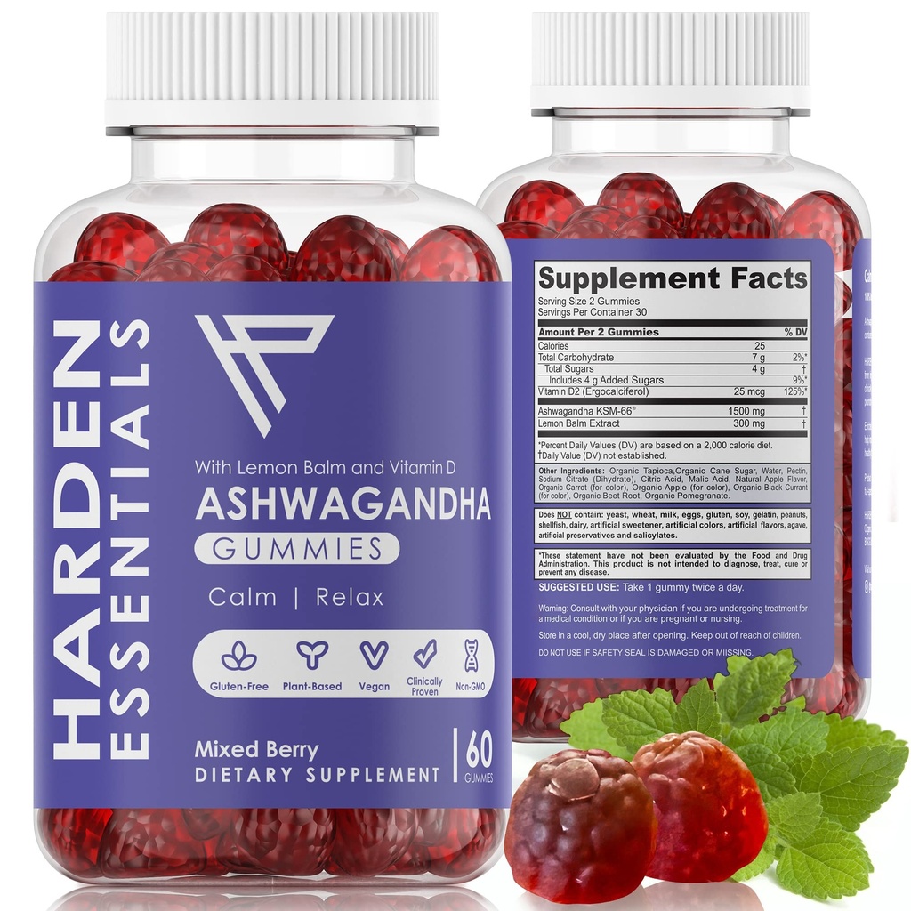 KSM-66 Ashwagandha Gummies w/Lemon Balm & Vitamine D (Max Strength 750mg per Gummy) - Herbal Vegan & Glutenvrij - Kalm Mood Ontspanning - Ondersteuning Stress - Gummies voor volwassenen Kinderen Vrouwen Mannen (60 Tel.)