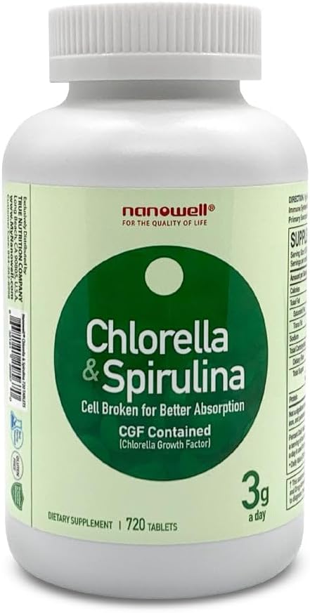 NANOWELL Chlorella & Spirulina 720 tabletten - Chlorella, Spirulina, Antioxidanten, Vitaminen, rijk aan eiwitten, Gebroken celwand (720 aantal)