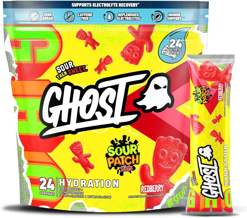 GHOST Hydration Packets, Sour Patch Kids Redberry, 24 Sticks, Electrolyte Powder - Drink Mix Supplement with Magnesium, Potassium, Calcium, Vitamin C - Vegan, Free of Soy, Sugar & Gluten