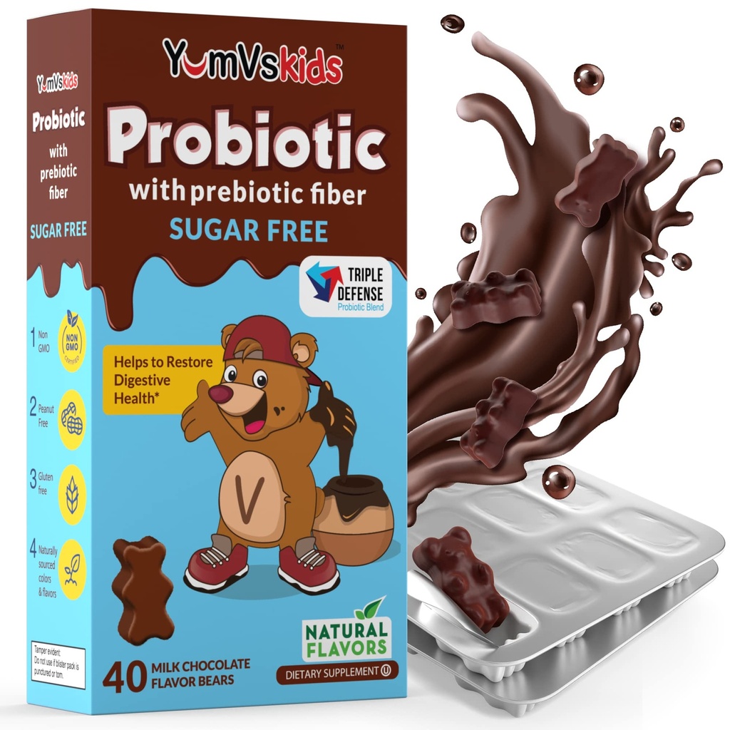 YumVs Probiotica voor kinderen met Prebiotic Fiber Sugar Gratis Chocolate Kauwbare Supplementen - Dieetsupplement Kauwtabletten voor de spijsvertering gezondheid - peuters, kinderen & tieners 60 Tellen