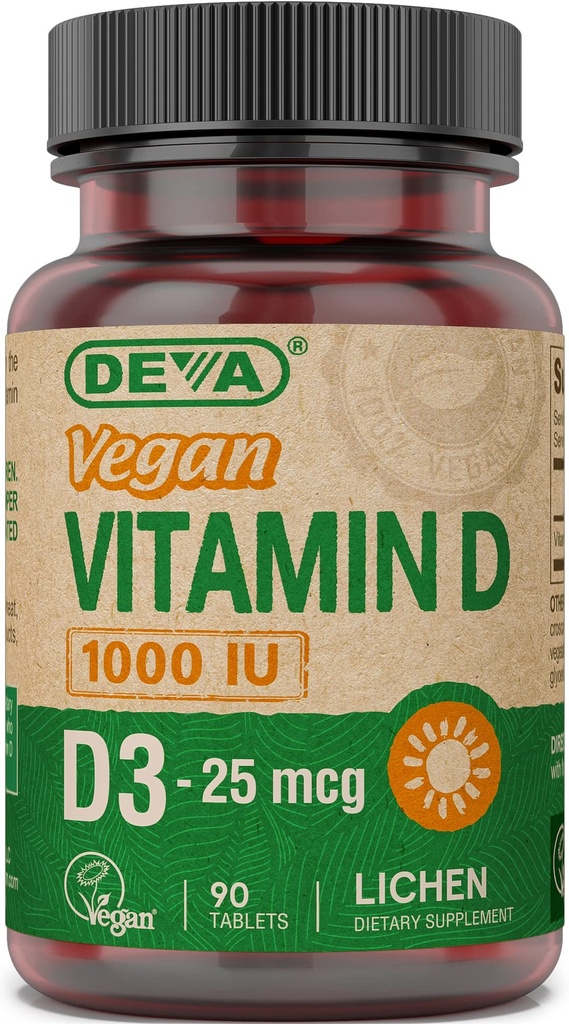 DEVA Vegan Vitamin D3 Supplement - Once-Per-Day Tablet met 1000 IE - Cholecalciferol - Lichen Plant Afgeleid - 90 kleine tabletten