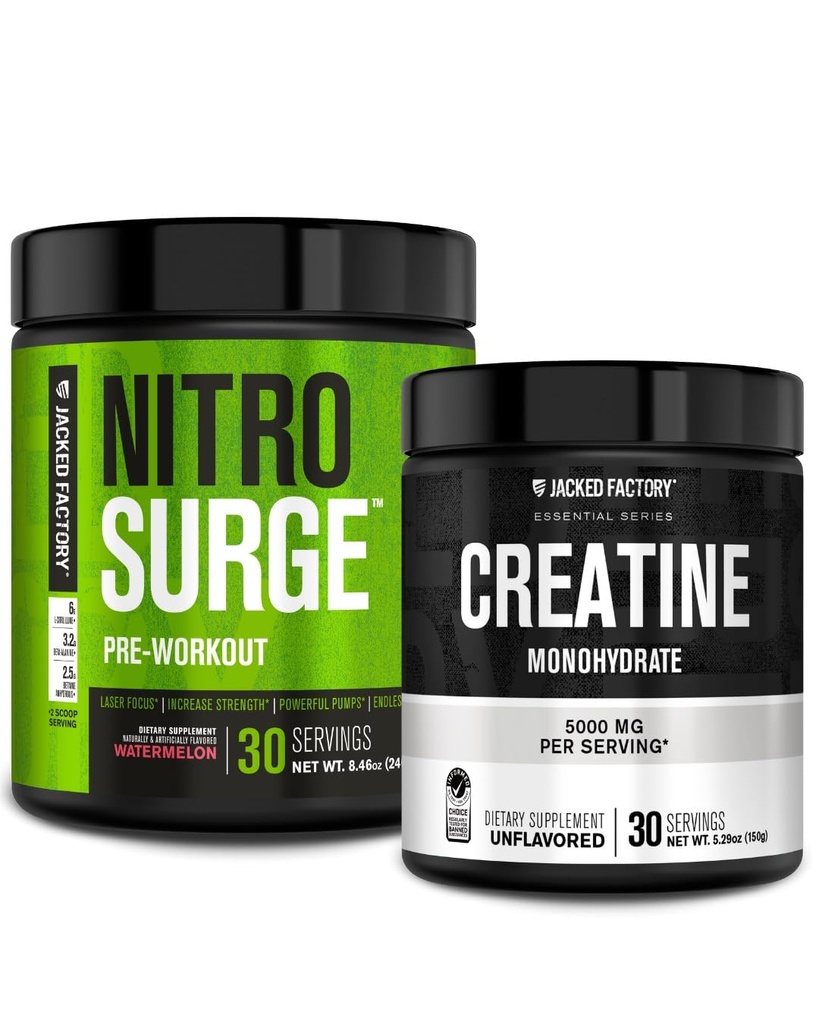 Jacked Factory NITROSURGE Pre-workout supplement - Intense pompen (30 porties, watermeloen) & Creatine Monohydraat poeder voor spiergroei (30 porties, zonder smaak)