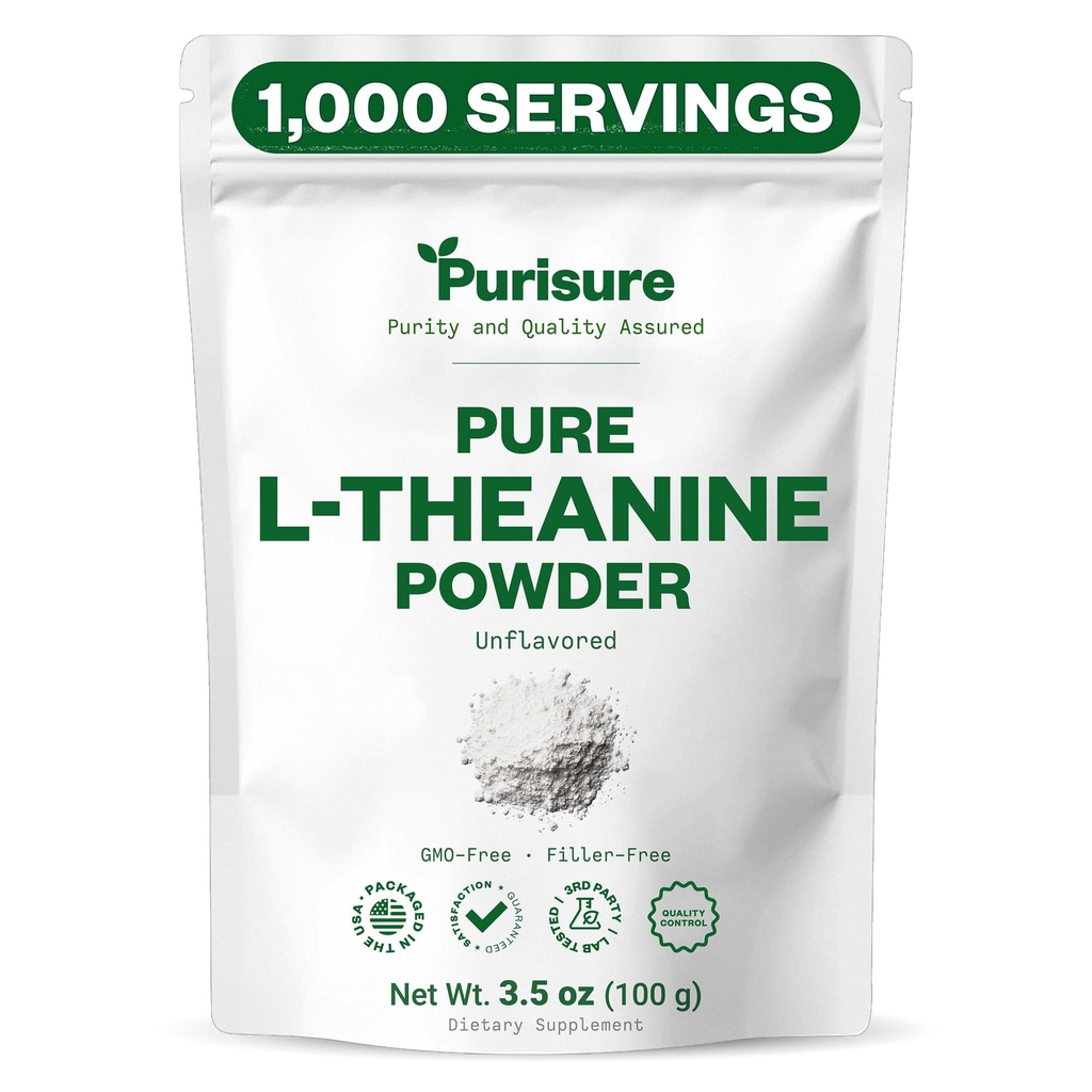 Purisure L-Theaninepoeder, 100 g, Pure L Theaninepoeder dat ontspanning en concentratie bevordert, supplement voor cognitieve functie, geen fillers, niet GMO, 1000 porties