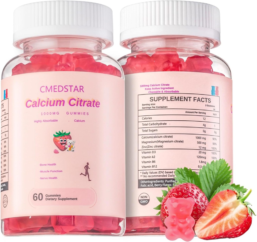 Kauwbare calciumcitraat Gummies 1000mg met vitamine D3 & K2, B6 & B12, Magnesium, zink voor botten, spieren en gewrichten,Community & Memory Support,Sugar-Free, Glutenvrij, Vegetarisch, Aardbei, 60 Tel.