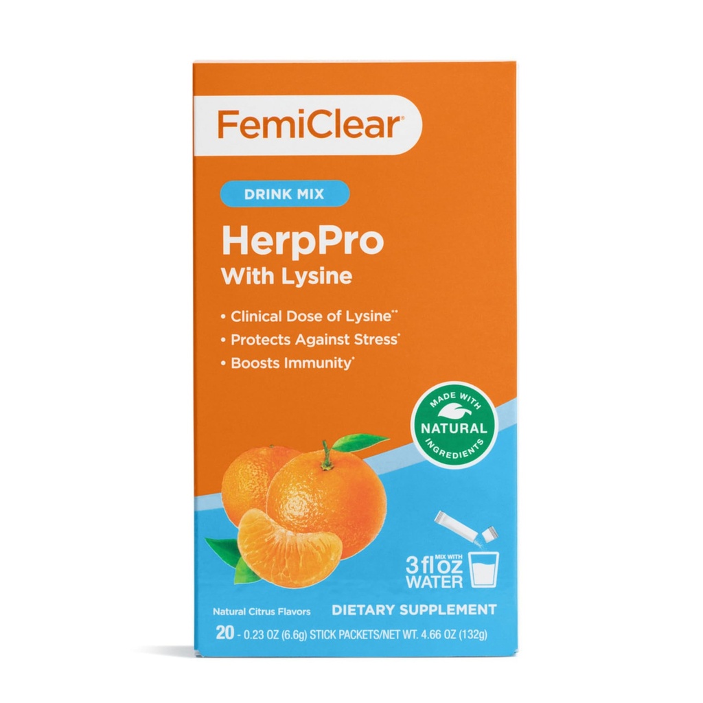 FemiClear HerpPro Drink Mix, met L-Lysine 3000mg, Zink, Vitaminen A & C, Ashwagandha, Immunity & Stress Supplement voor vrouwen en mannen, 20 Stick Packets