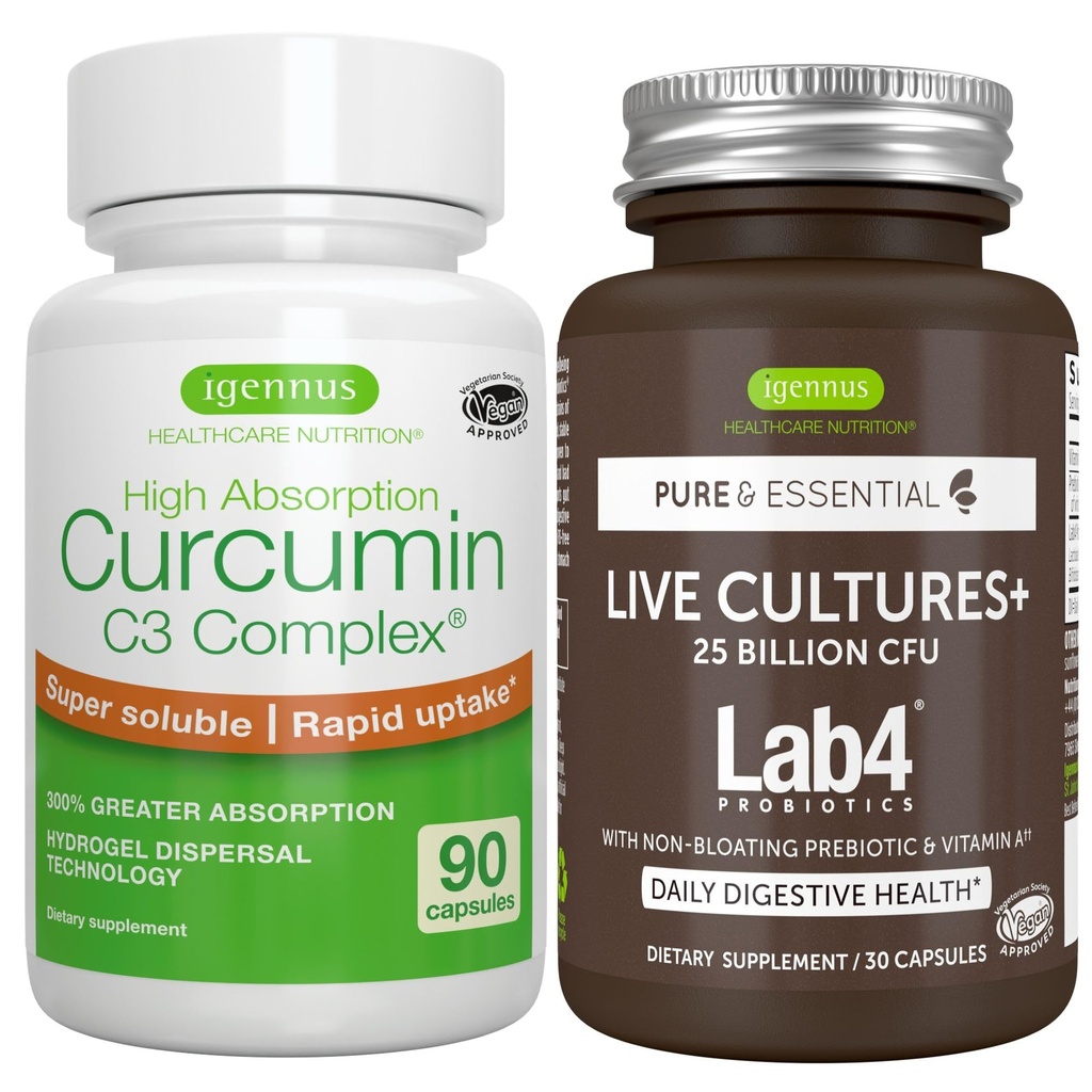 Levende culturen+ Lab4 Probiotica + Hoge Absorptie Curcumine C3 Complex Vegan Bundle, 25 Miljard CFU Probiotic, Non-Bloating Prebiotic + 300% Grotere Absorptie Curcuminoïden met Rapid Uptake, Door Igennus