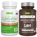 Levende culturen+ Lab4 Probiotica + Hoge Absorptie Curcumine C3 Complex Vegan Bundle, 25 Miljard CFU Probiotic, Non-Bloating Prebiotic + 300% Grotere Absorptie Curcuminoïden met Rapid Uptake, Door Igennus