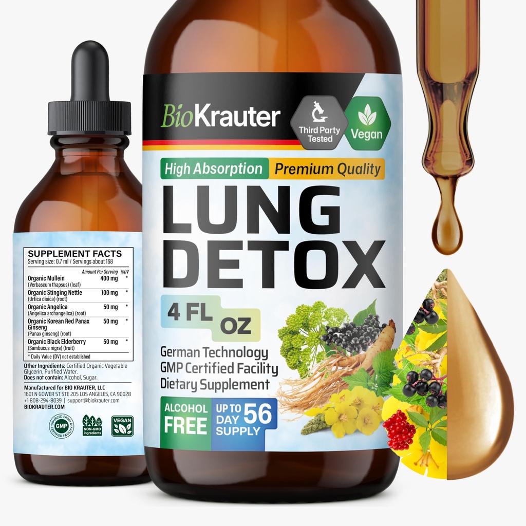 BIO KRAUTER Lung Detox Drops - Pure Vegan Lung Cleanse Liquid Form 4 Fl.Oz 56 Days of Supply - Blend Mullein, Vlierbes, Stinging Nettle, Ginseng & Angelica Extracten - Respiratory Support