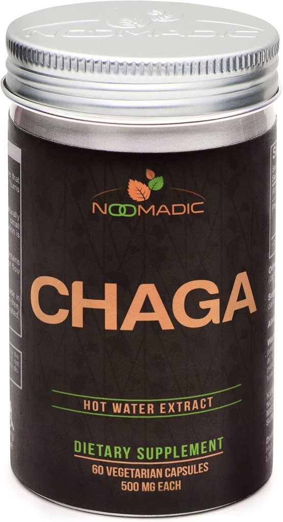 Noomadic Chaga Mushroom, 60 Capsules, 500mg Elke, Antioxidant & Immuun Ondersteuning, Warmwater Extract, Vruchtlichamen, 30% Beta-D-Glucans