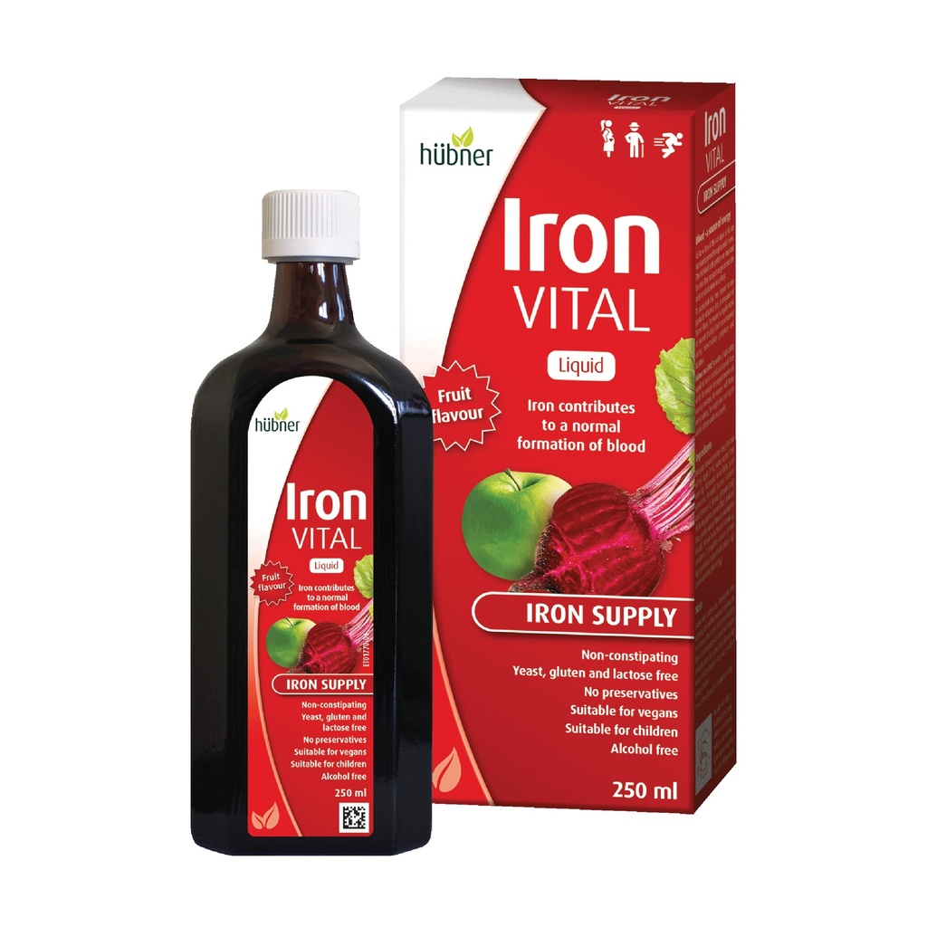 Hübner Iron Vital Liquid Iron Supply Plus Vitamine C, Dieetsupplement voor volwassenen en kinderen, Vegan en Glutenvrije, Fruit smaak, 250 ml fles, 25 porties