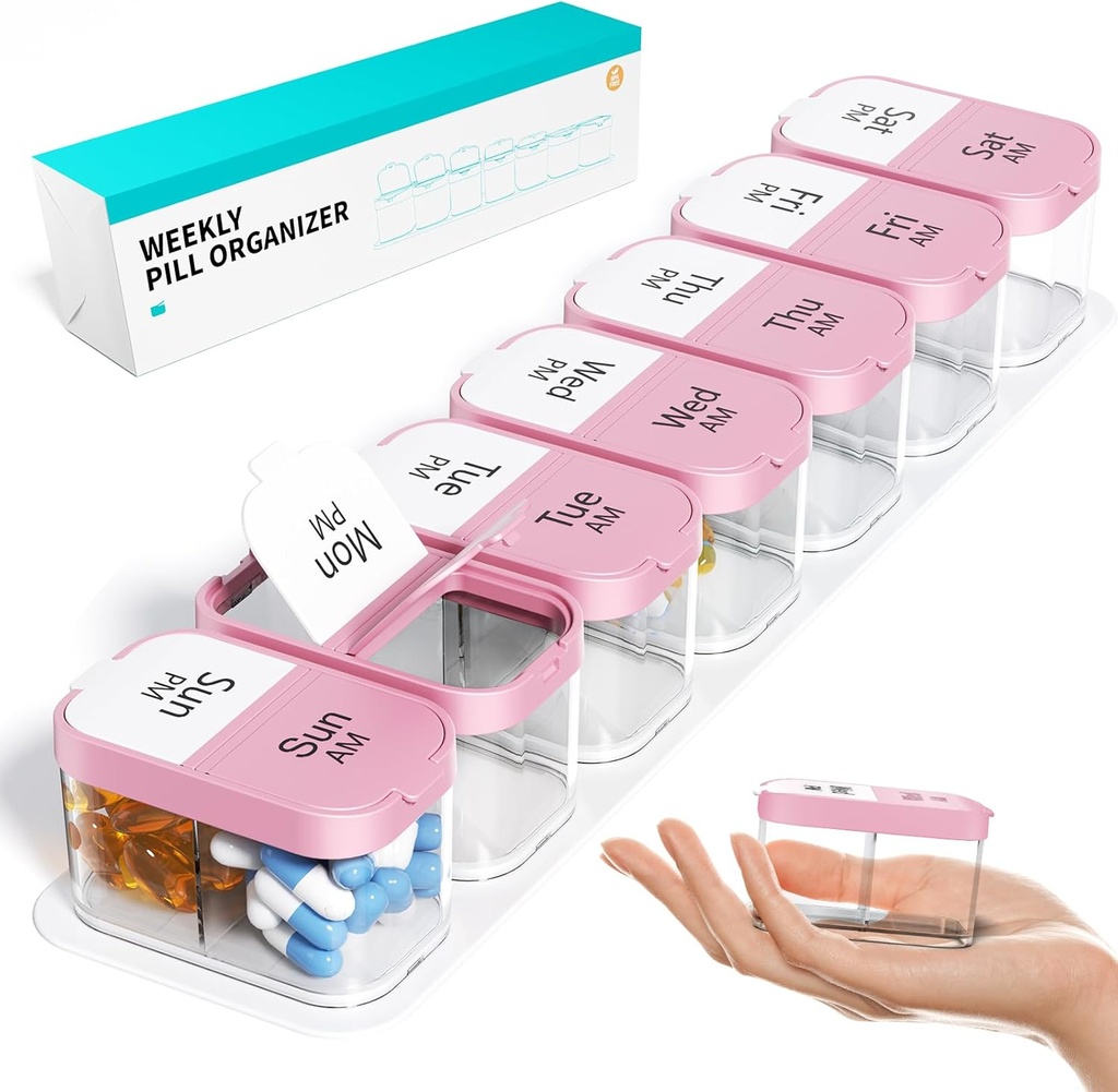 Odaro Extra Large Wekelijkse Pillen Organisator 2 keer per dag, Pill Box 7 Dag Am Pm te houden dagelijkse medicijnen vitamine en supplementen - Roze