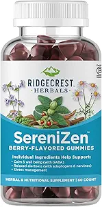 RidgeCrest Kruiden SereniZen Gummies met Ashwagandha, GABA, L-Theanine, kamille & Citroen Balm, ondersteunt ontspanning & kalmeren, stressbeheer, slaap. Dagelijkse gezondheidssupplement, 60 Ct, 1-2 maand levering
