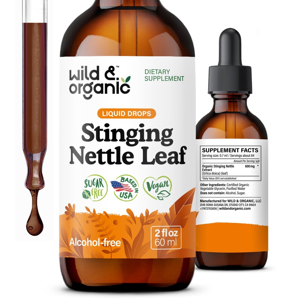 Wild & Organic Stingling Nettle Leaf Extract Drops - Urinaire Tract Ondersteuning - Liquid Stinging Nettle Supplement - Urtica Dioica Tinctuur - 2-maand levering - Vegan, Sugar & Alcohol-Free - 2 fl oz