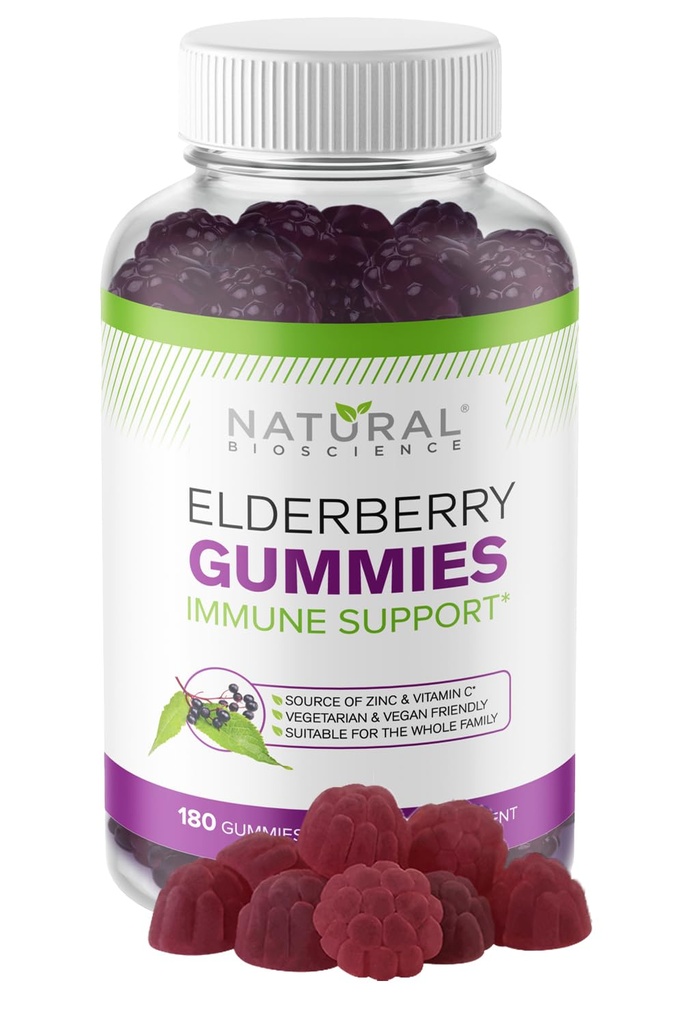 Natural BioScience Sambucus Vlierbessen Gummies met vitamine C & Zink, Immune Ondersteuning voor volwassenen & kinderen, Dagelijks Antioxidant & Wellness Boost, 180 Veganistisch, Glutenvrij, Kauwbare Vlierbessen Gummies