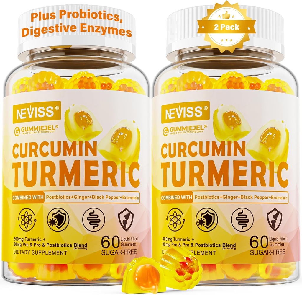 Suikervrij Kurkuma Curcumin Gevulde Gummies 550mg voor volwassenen, gember & zwarte peper 