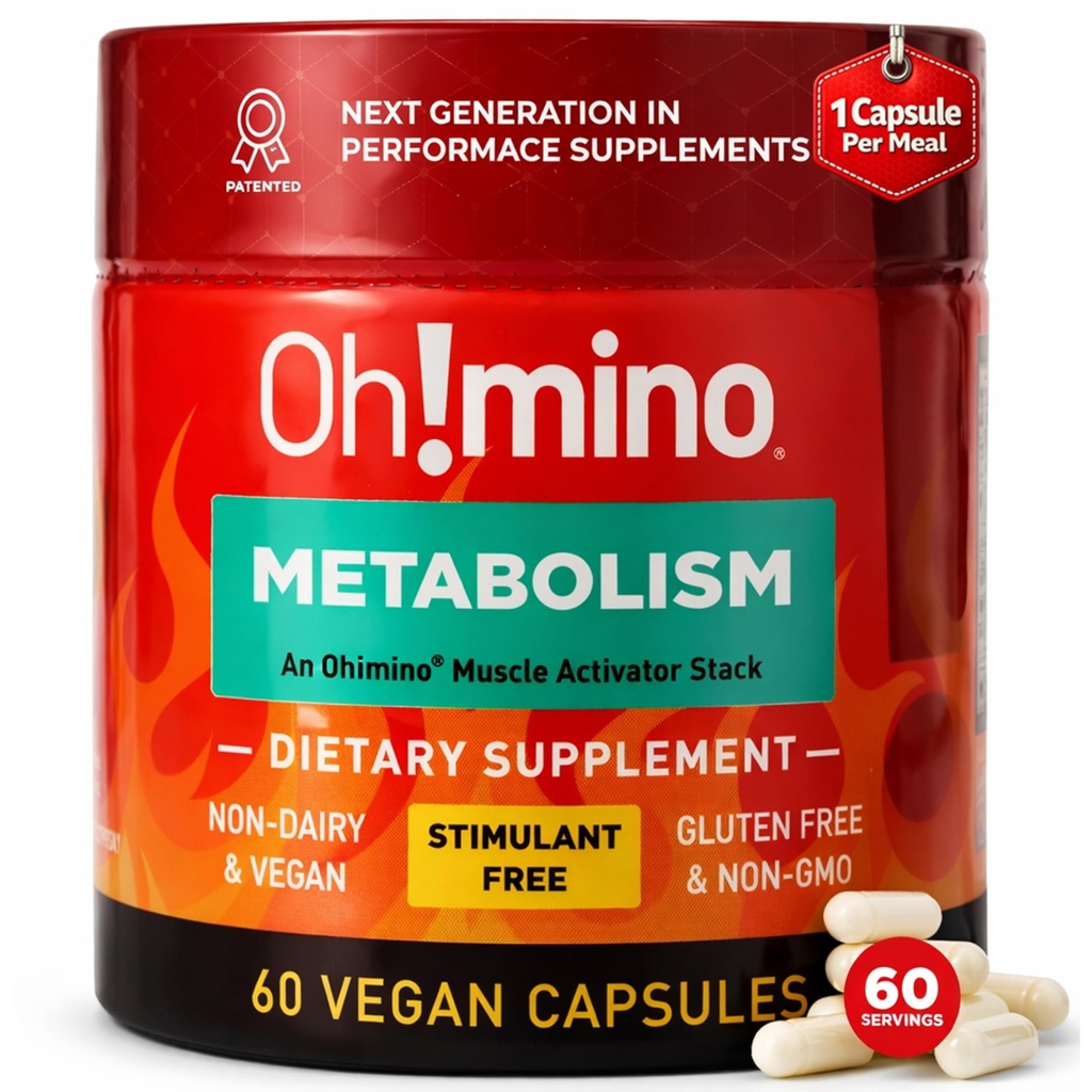 Oh!mino Metabolisme Support Supplement voor Efficiënte Fat to Energy Conversion w/L-Carnitine, Fenylcapsaïcine, & Vitamin B3 - Non-Jitters, Stimulant-Free, Veganistan, Non-Dairy Capsules (60 Servings)