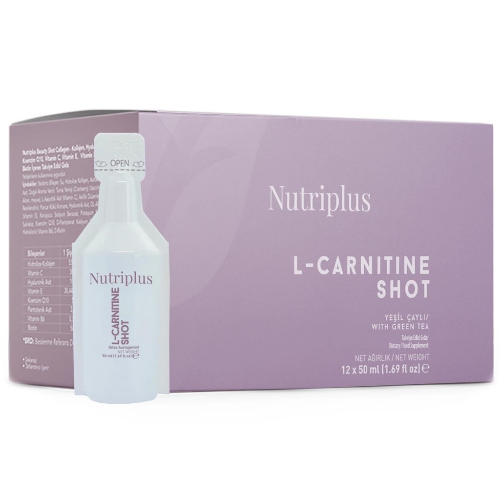 FARMASi Nutriplus L Carnitine Shot Drink, 1500 mg L Carnitine with Green Tea Extract and Vitamin B6, Citrus Flavor, Sugar Free Caffeine Free, 12 x 50 ml