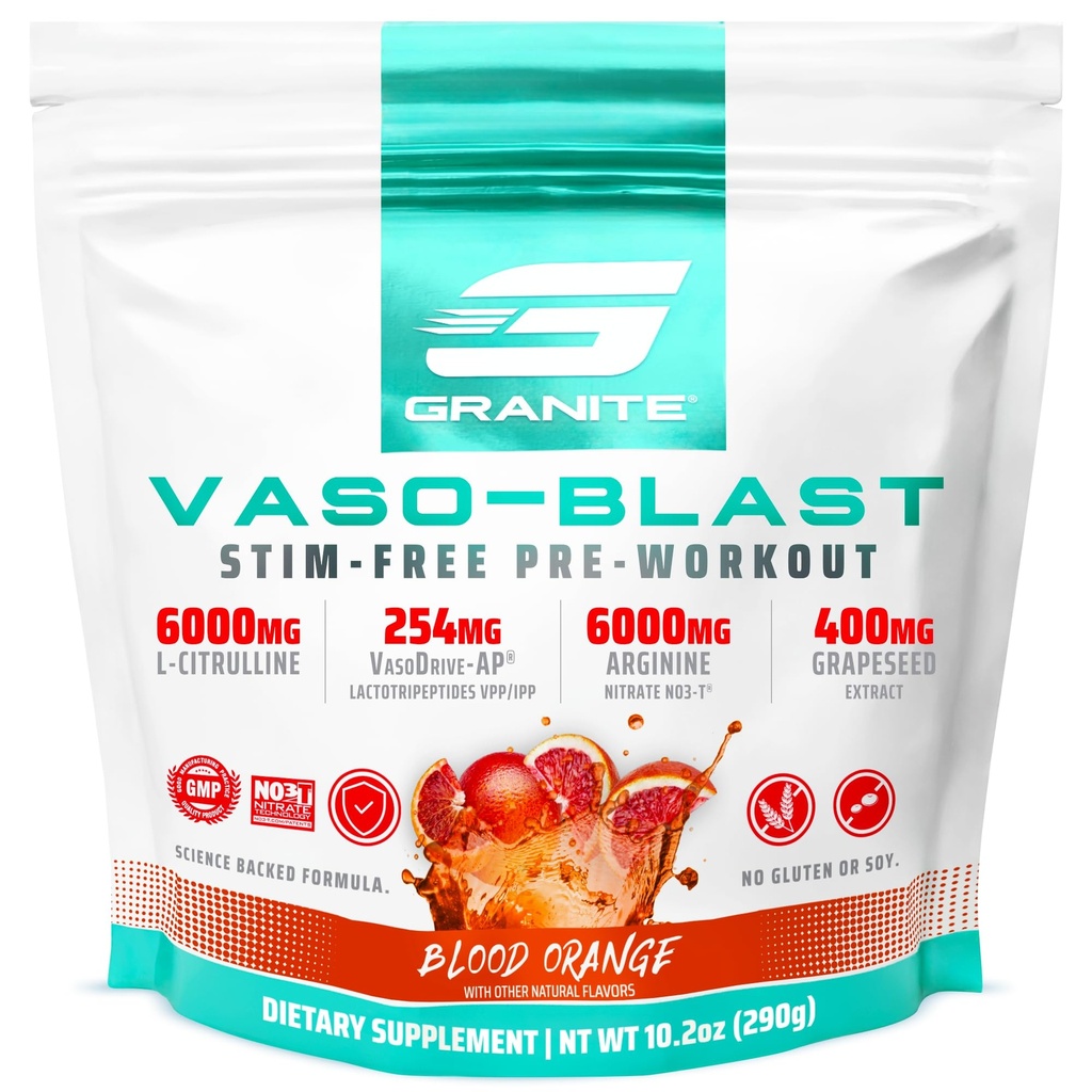 Graniet Voeding Vaso Blast Stim-Free Pre Workout - Niet-Stim Nitrik Oxide Ondersteuning voor Pomp, Fysiek, en Spiercapaciteit - Bloed Orange (290g)