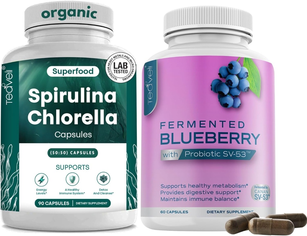 Teaveli Spirulina Chlorella en Blueberry Capsules