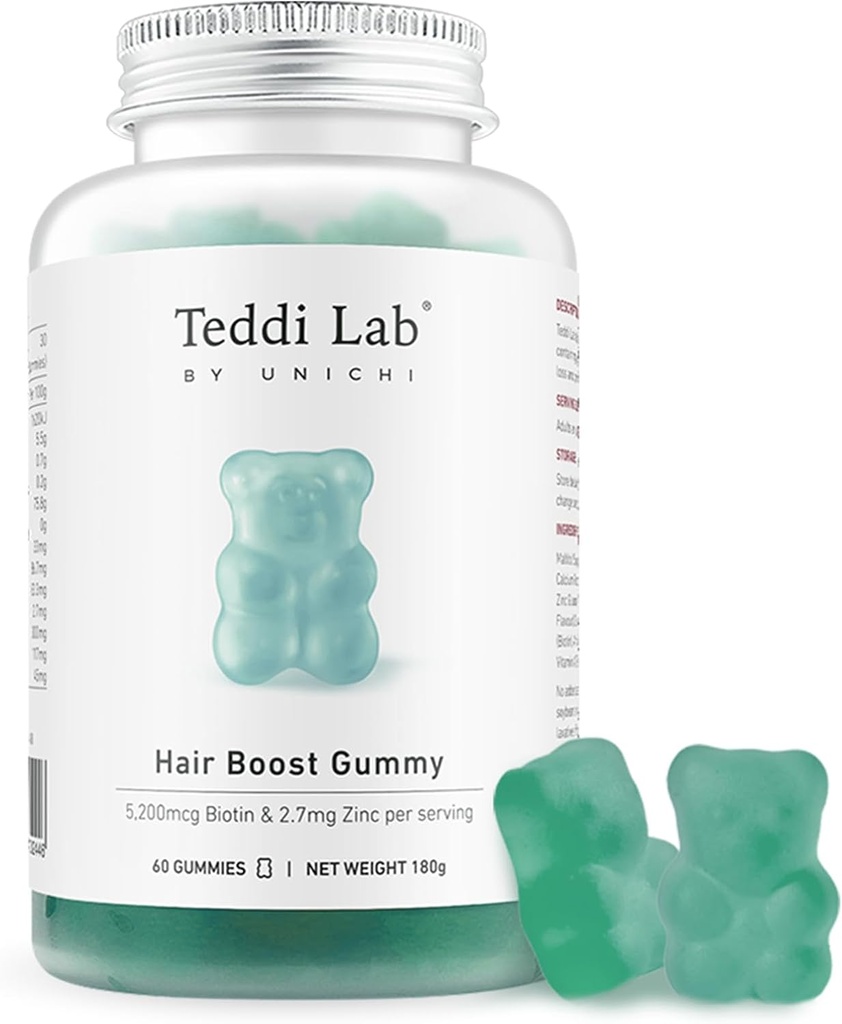 Unichi Hair Growth Gummies, 5200mcg Biotin Geformuleerd met zink, Pantotheenzuur en vitamine A, C, E voor sterkere en dikker haar voor vrouwen, (60 Tel)