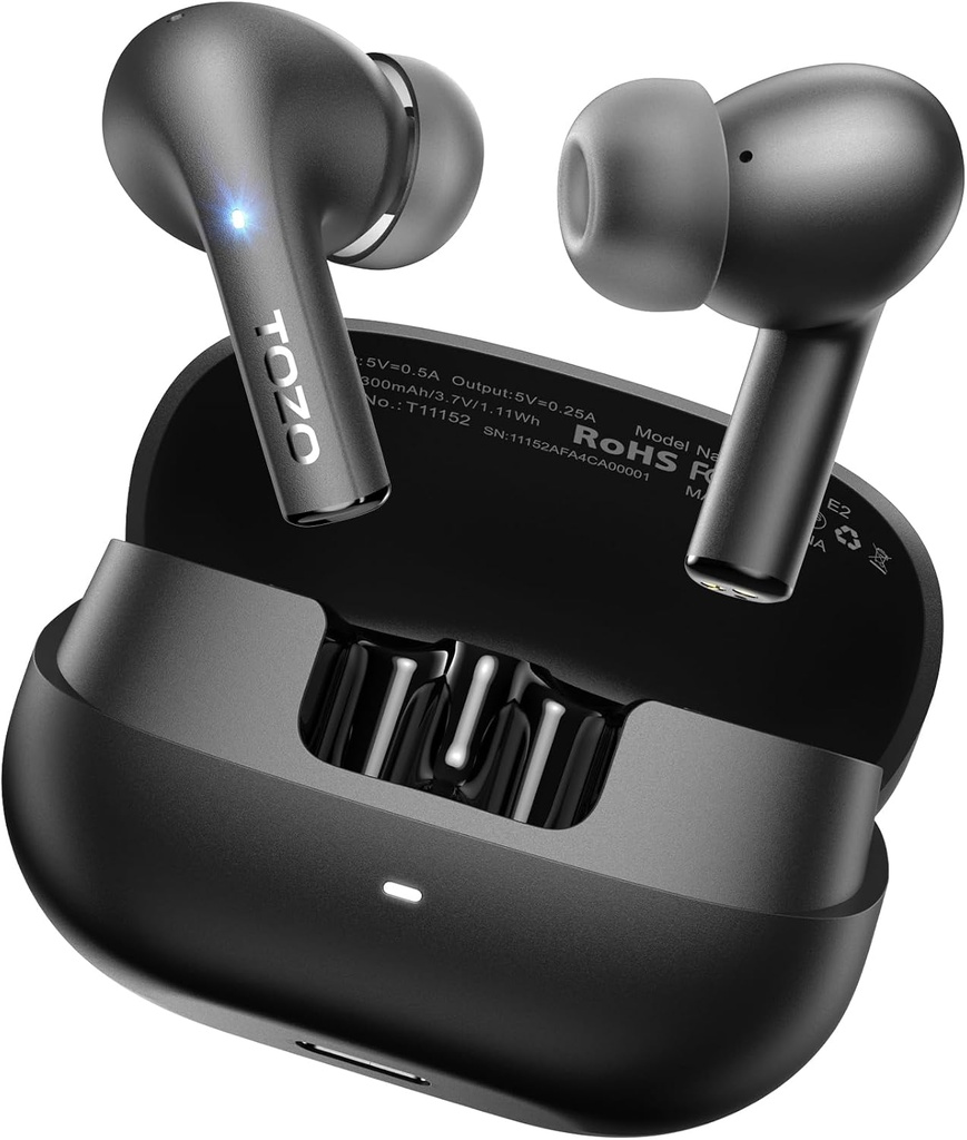 TOZO E2 draadloze oordopjes 10mm stuurprogramma's met krachtige bas, App aanpassen 32 EQ's, met 2 Mics AI Call Noise Annulering, 30H Playtime, Bluetooth 5.3 oor Buds, Comfort Fit in-ear hoofdtelefoons