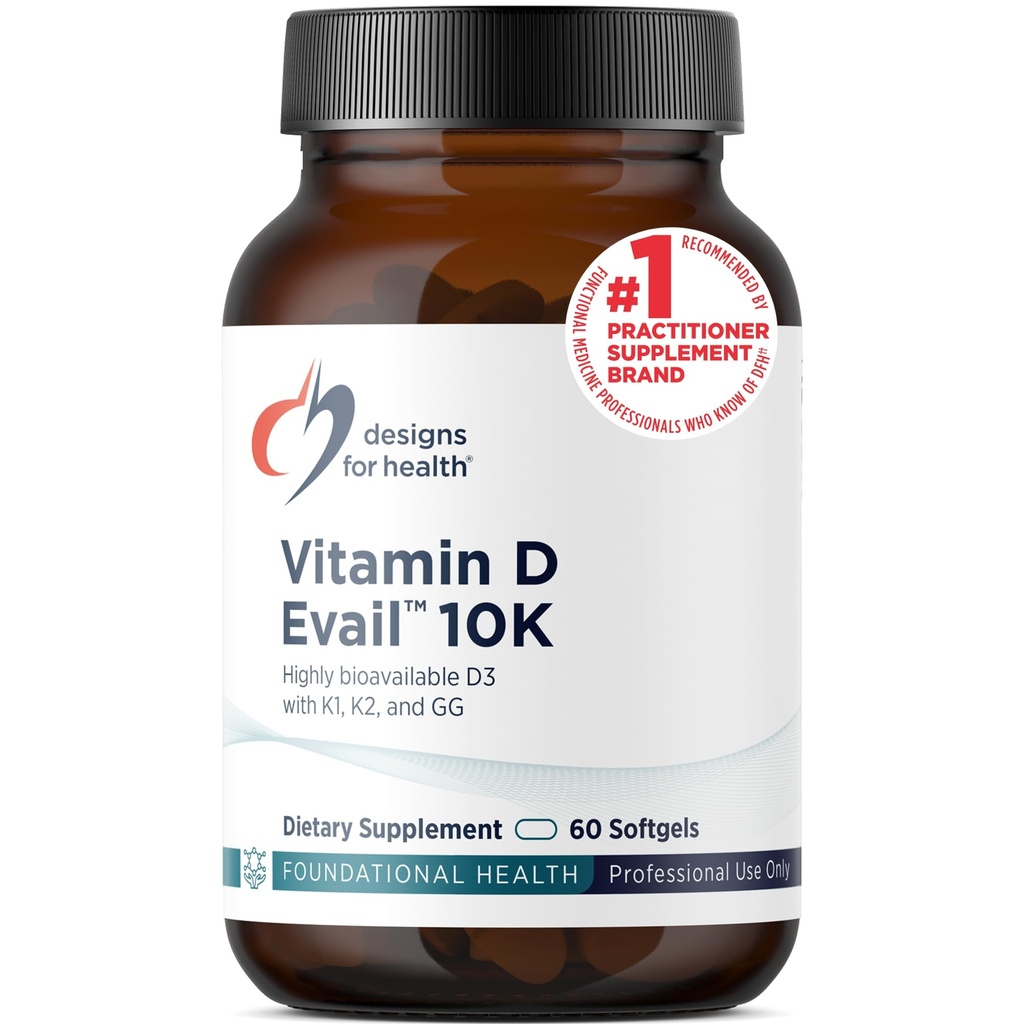 Designs for Health D-Evail 10K - 10.000 IE Vitamine D Supplement met Vitamine K (K1, K2 als MK-4) + GG - Bot, Cardiovasculaire + Immuun Ondersteuning - Verbeterde biologische beschikbaarheid Vitamine D3 (60 Softgels)