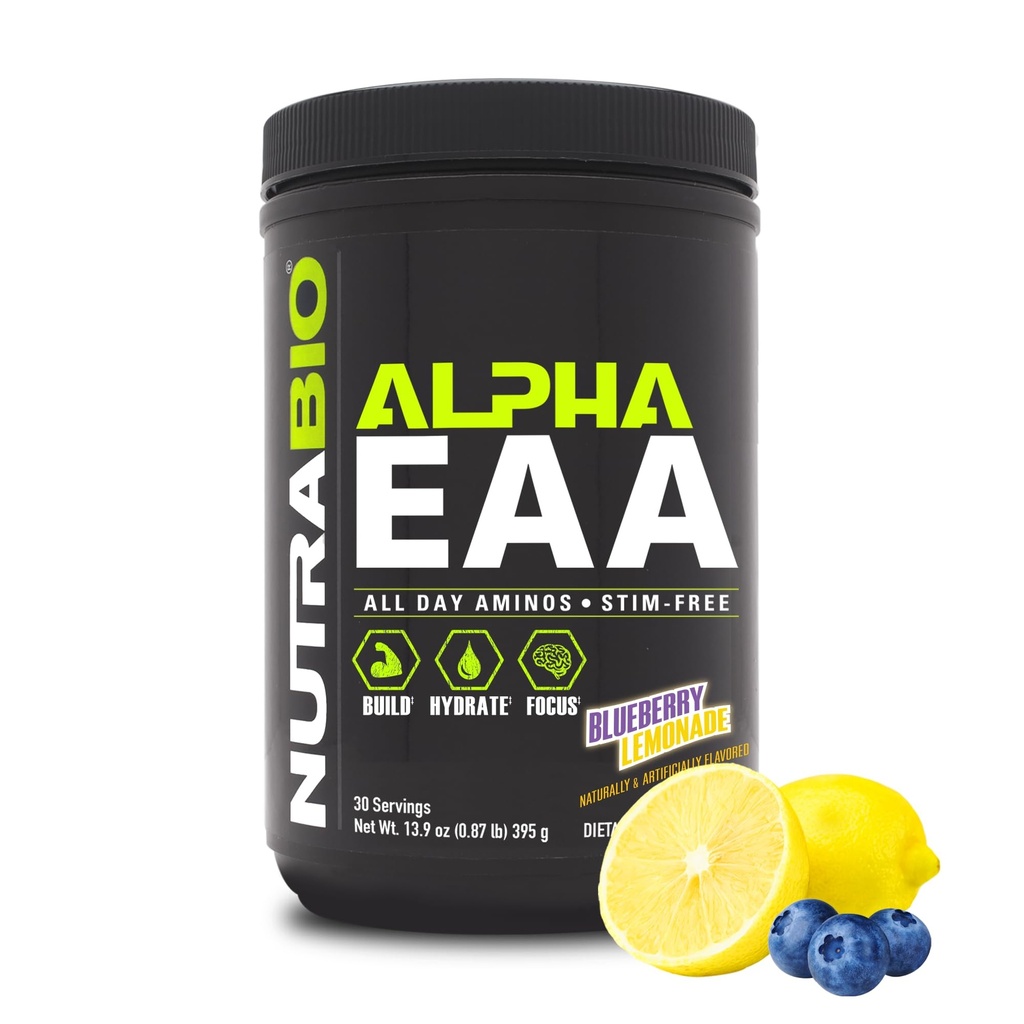 NutraBio Alpha EAA - All-Day Aminozuren voor spiergroei en hydratatie - Essentiële Aminozuren met Nootropics & Adaptogenen - Full Spectrum EAA BCAA Powder - 30 Servers - Blueberry Lemonade