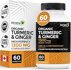 Renew Actives Turmeric Curcumin 1000MG & 200MG Gember per 2 Capsules - Krachtig Antioxidant met Bioperine & Black Pepper Blend voor spijsverterings- en levergezondheid - Made in Canada - 60 Capsules