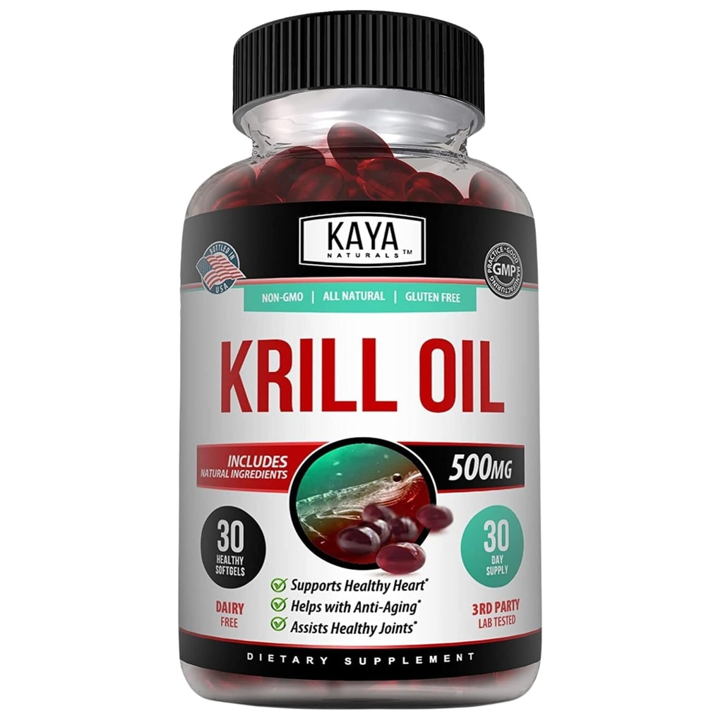 Kaya Naturals - Antarctische Krillolie 500mg met Omega 3, EPA, DHA, Fosfolipiden & Astaxanthine Supplement - Hersenen en gezondheid Vitamine - Antiveroudering Supplement - 30 Tel Softgels