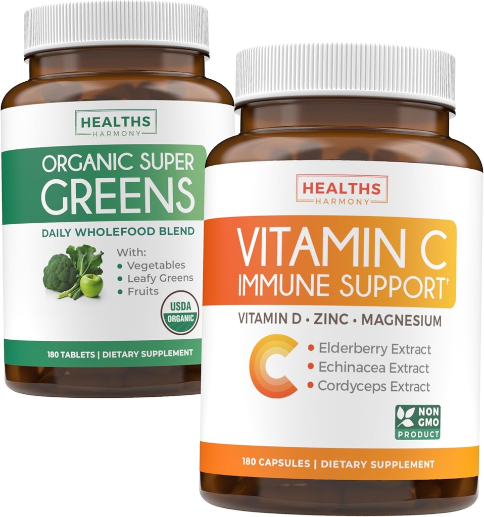 Super Greens & Vitamine C (3-maandvoorraad) Vitamine Greens Bundle van Biologische Super Greends Poeder - Complete Superfood (180 Capsules) & Vitamine C Immune Support (180 Vegetarische Capsules)