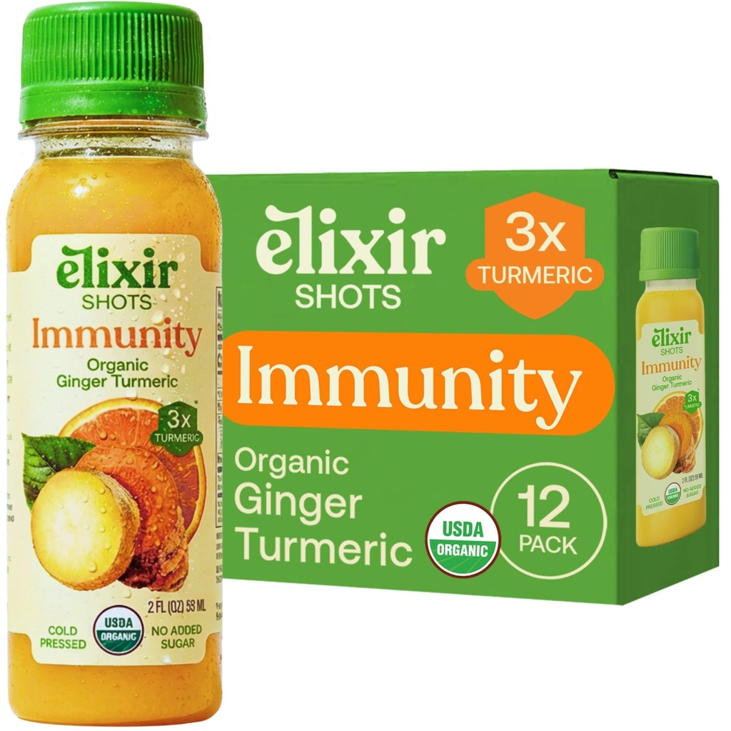 Elixir Shots, Immunity Boost Wellness Shot met koudgeperst kurkuma, gember, oranje en zwarte peper, geen toegevoegde suiker of kunstmatige ingrediënten,12-pack