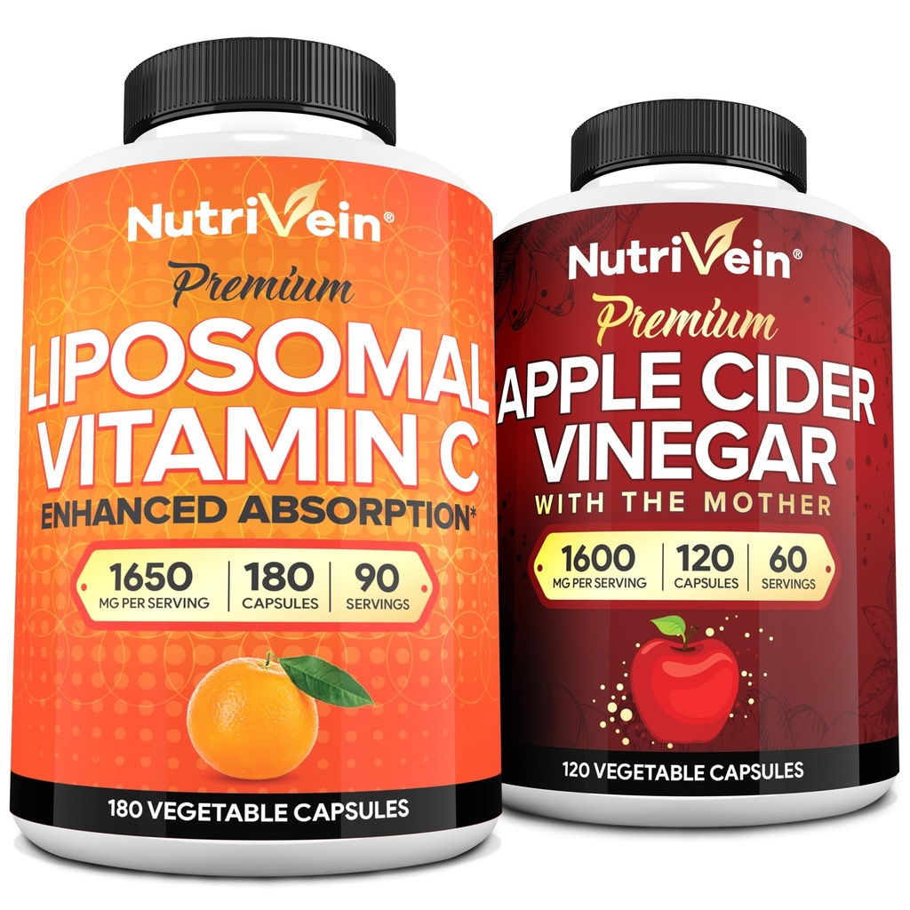 Nutrivein Premium Apple Cider Vinegar Capsules & Liposomale Vitamine C Supplement Bundel: Vitamin C Capsules met hoge absorptie en Apple Cider Vinegar Supplementen Bundle for Immune Defenses & Gut Health