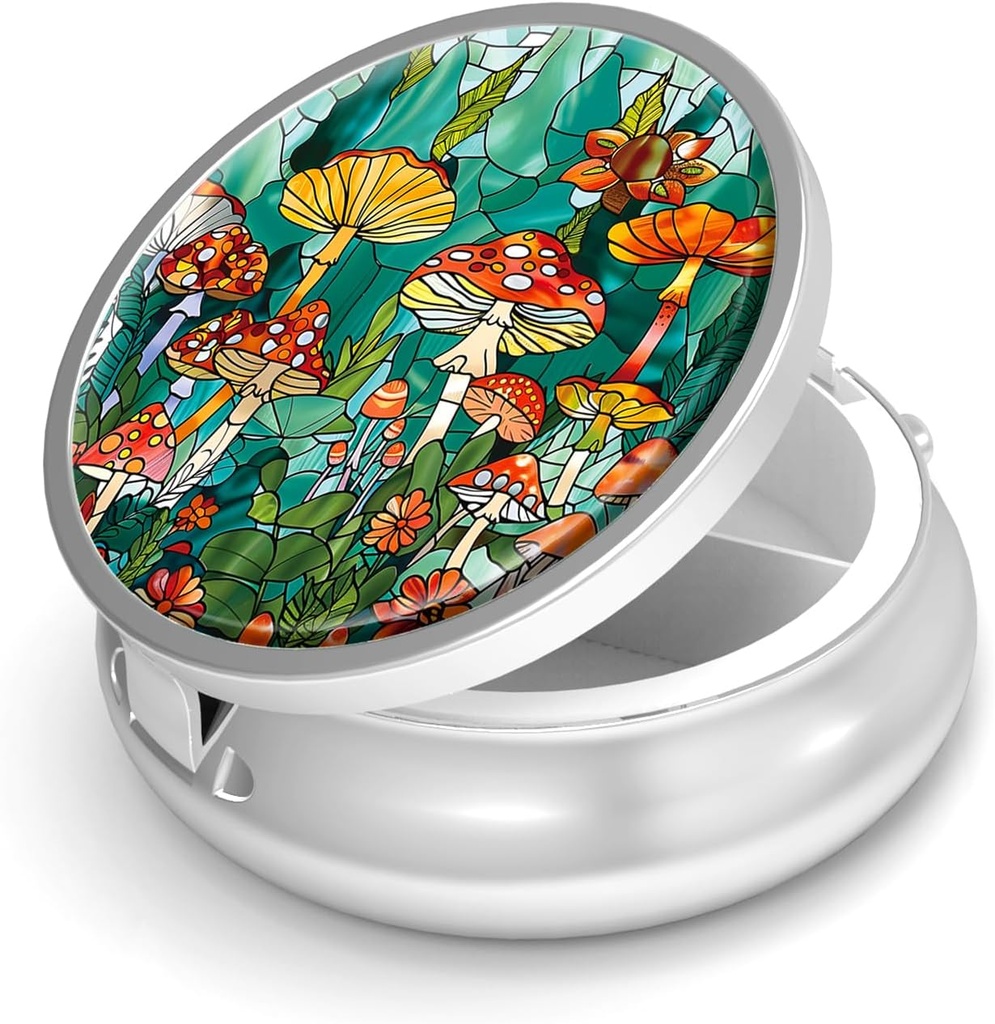 Pill Box-3 Compartiment kleine pil geval voor Purse & Pocket Mini metalen pil houder Travel Pill Container om supplementen vitamines BPA-vrij te houden (Mushroom Forest)