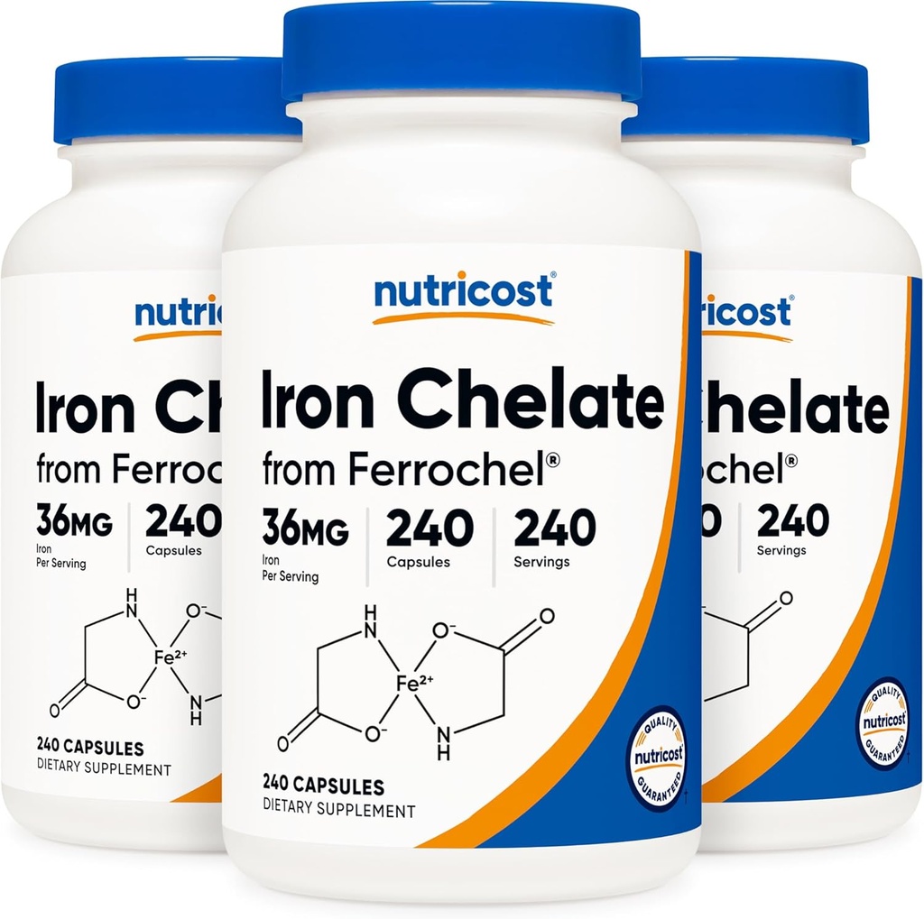Nutricost gecheleerd ijzer, als Ferrochel, 36 mg, 240 capsules (3 flessen)