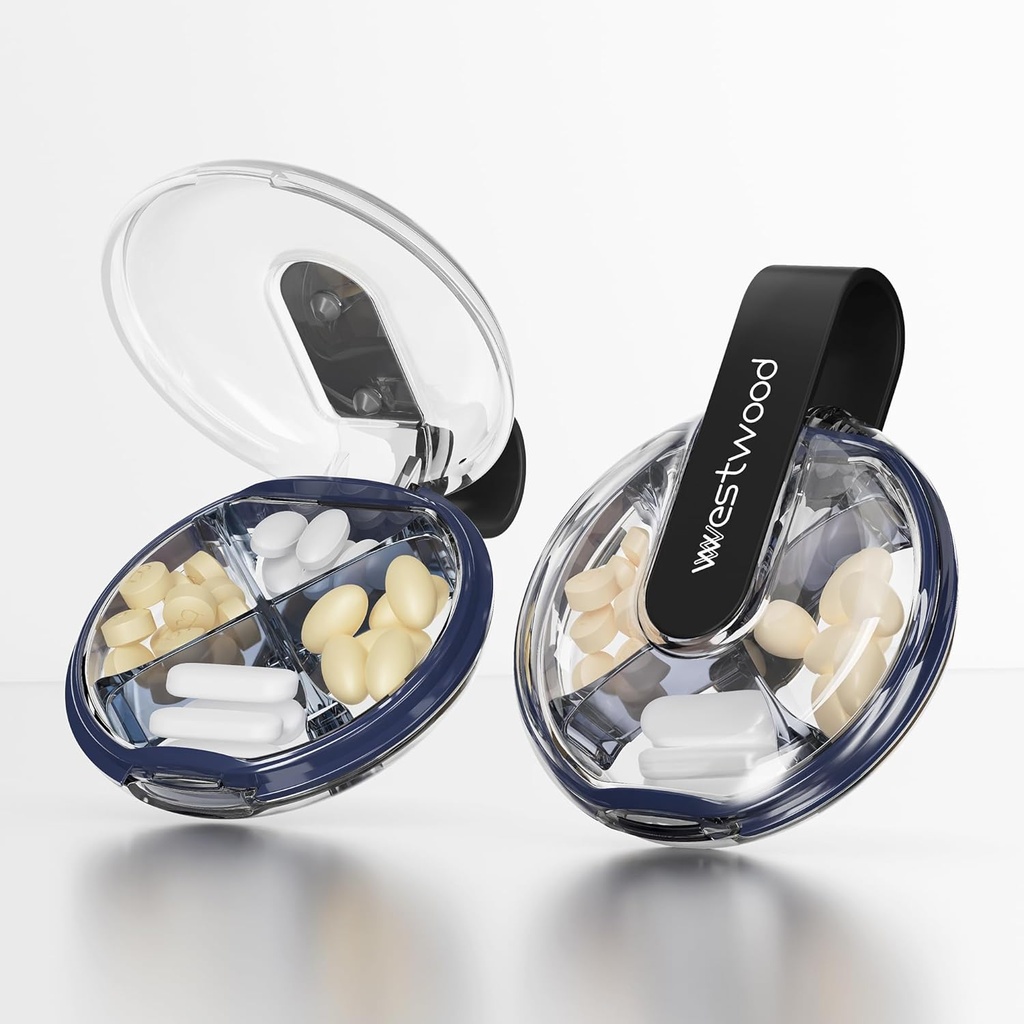 Kleine pil geval, schattige pil Box voor Purse & Pocket, 4 Compartiment verwijderbare pil houder, draagbare reis pil Organisator voor vitamines, supplementen, visolie (zwart)