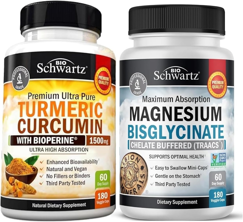 Kurkuma Curcumine met Black Pepper Extract 1500mg Complex (1 maand Supply) Plus Hoge Absorptie Magnesium Bisglycinate Capsules (2 maand Supply)