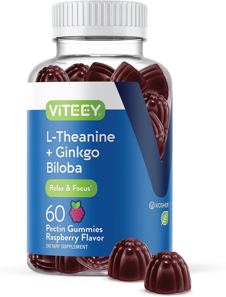 Viteey L-Theanine Gummies met Ginkgo Biloba voor volwassenen - Aids in Focus & Relax, Verbeter Mood - Niet GGO, Gelatine Gratis, Veganistisch, Glutenvrij, Natuurlijk Bronzen Kauwbare Smaak Raspberry Flavored Gummy