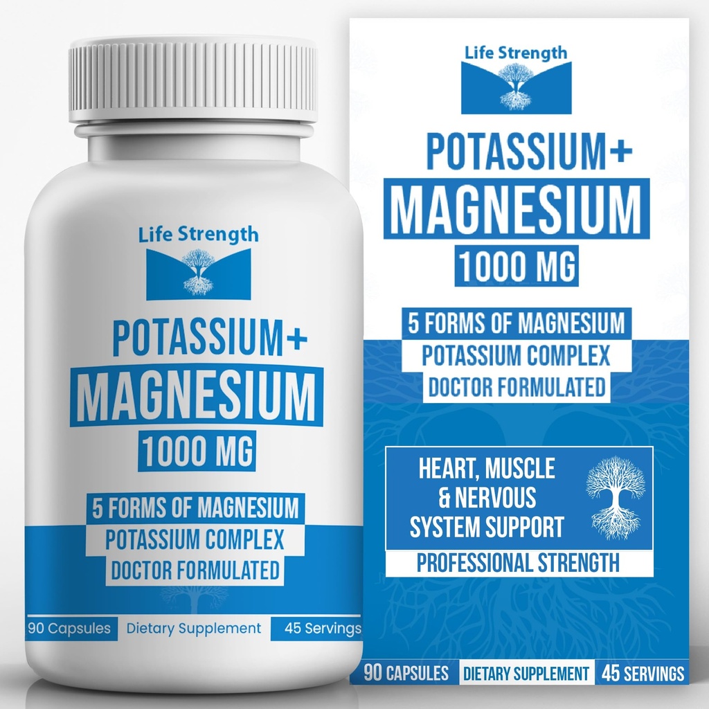 Life Strength Kalium & Magnesium Complex met aspartaat, oxide, Glycinaat, Gluconaat & Citraat - 1000 mg (90 capsules) Artsen Ontworpen en Aangepast Blended