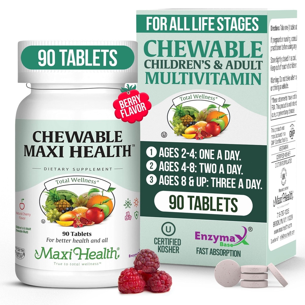 Maxi Health Kauwbare Multivitamine voor kinderen, tieners en volwassenen - Cherry Kauwbare Vitaminen voor volwassenen en kinderen - Kosher Kids Multivitamine + ijzer (90 tabletten)