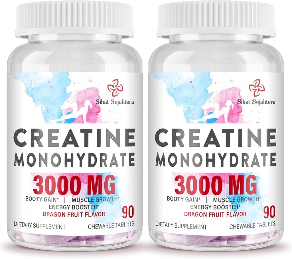 3000 MG Creatine Monohydraat voor vrouwen en mannen, Creatine Pillen met BCAA & Gehydrolyseerde Collageen Creatine Kauwtabletten voor prestaties & herstel, sterkte, Dragon Fruit smaak, 180 tabletten