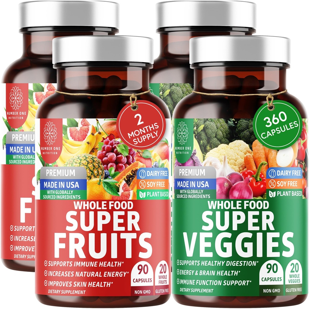 4-Pack N1N Premium Super Fruit & Veggies Supplement, 360 Caps, Whole Food & Natural Superfood for Women, Men & Kids - verpakt met Aloë Vera, Vitaminen & Minerals, beter dan Multivitaminen,100% Veganistisch