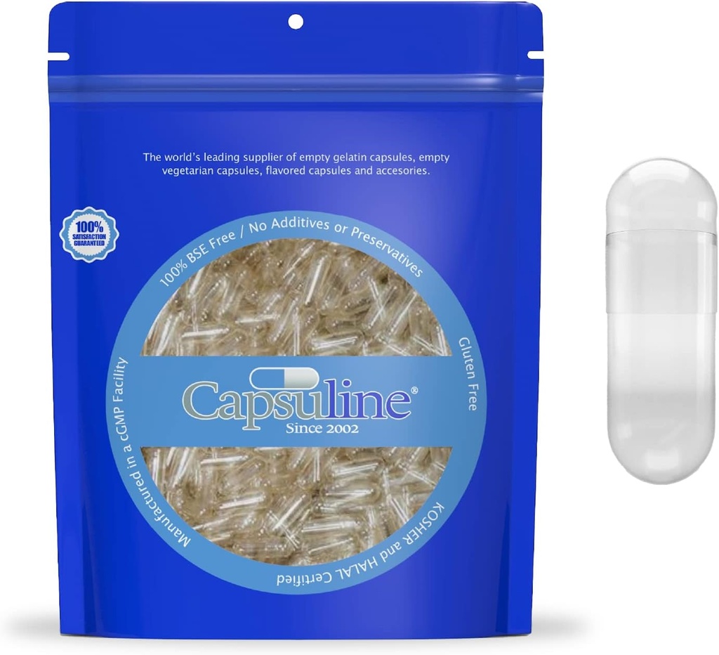 Capsulin Formaat 0 Gelatine Lege Capsules, 50000 Tel, Lege Gel Pill Capsules, DIY Pure Bovine Pill Capsule Filling, Lege Caps, Kosher, Glutenvrij en niet-GGO Gecertificeerd, Clear