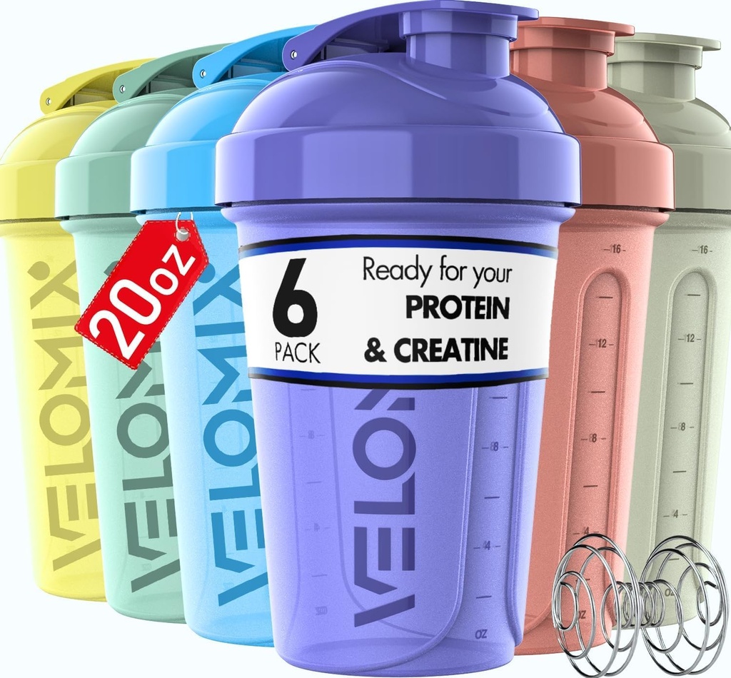 VELOMIX -6 PACK- 20 oz Proteïne Shaker Fles voor eiwitmixen - 6x Wire Whisk 