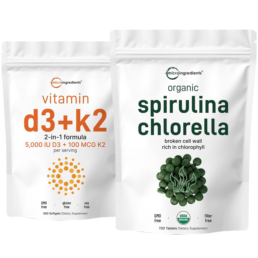 Micro Ingrediënten Organische Chlorella Spirulina 3000mg Tabletten & Vitamine D3 5000iu + K2 100mcg Bundle 2 Pack Gebarsten Cell Wall, rijk aan Vegan Protein & Chlorofyl . Essentiële Sunshine Vitaminen