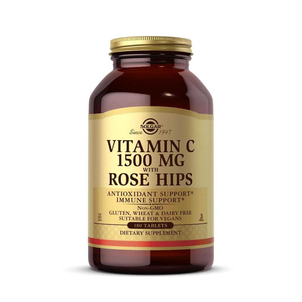 Solgar Vitamine C 1500 mg met Rose Hips, 180 tabletten - Antioxidant & Immune Support - Algehele gezondheid - Ondersteunt gezonde huid en gewrichten - Niet GGO, Veganistisch, Glutenvrij, Zuivelvrij, Kosher - 180 porties