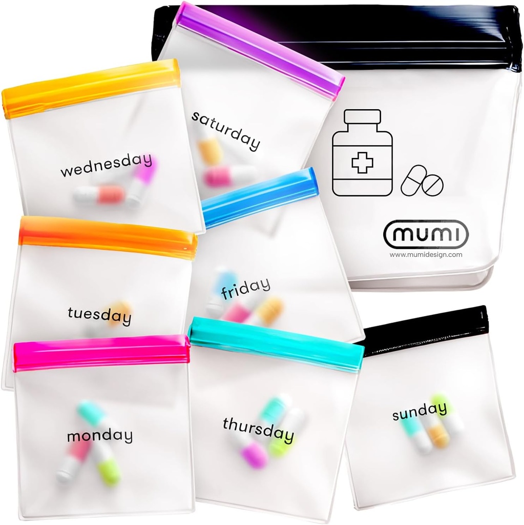 MUMI Pill Pouch Set, 7 Mini Zipper zakjes voor pillen, kleine pil zakken, Herbruikbare pil zakjes voor medicijnen reizen, Pocket pil Organizer, Purse Accessoires, Vitamine Organisator