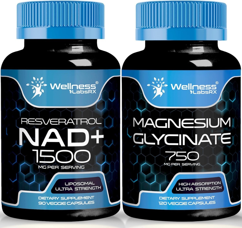 Magnesium Glycinate Capsules - 750mg - Magnesium Supplement Hoge Absorptie Supplement │ NAD Supplement, 1500mg - Liposomale NAD+ Supplement met Resveratrol